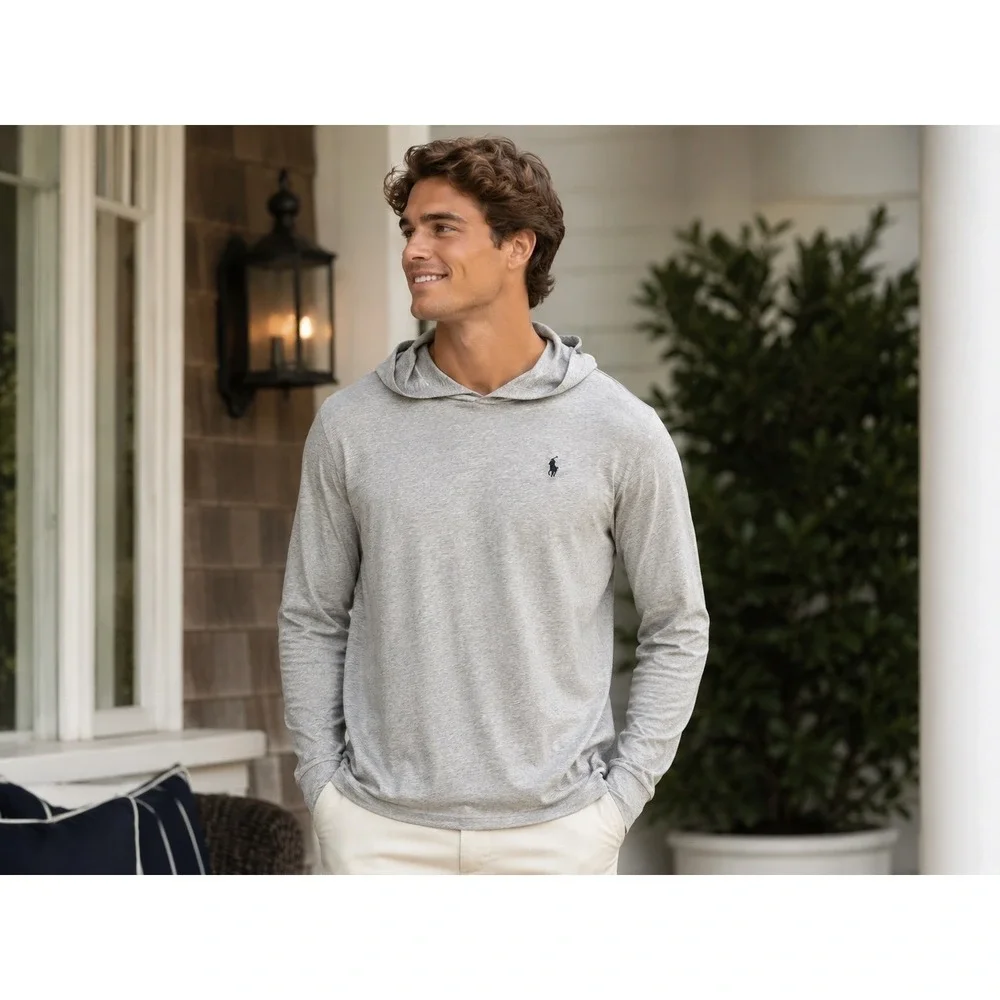 Polo Ralph Lauren Mens XL Heather Gray Long Sleeve Hooded T-Shirt Pony Logo